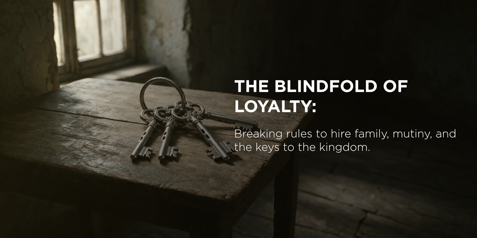 Cover banner for Blank Page Episode 2, “The Blindfold of Loyalty”: an antique ring of iron keys on a weathered wooden table beside a dim window, with the episode title set across the banner — The Blank Page by Neil G. La-as.