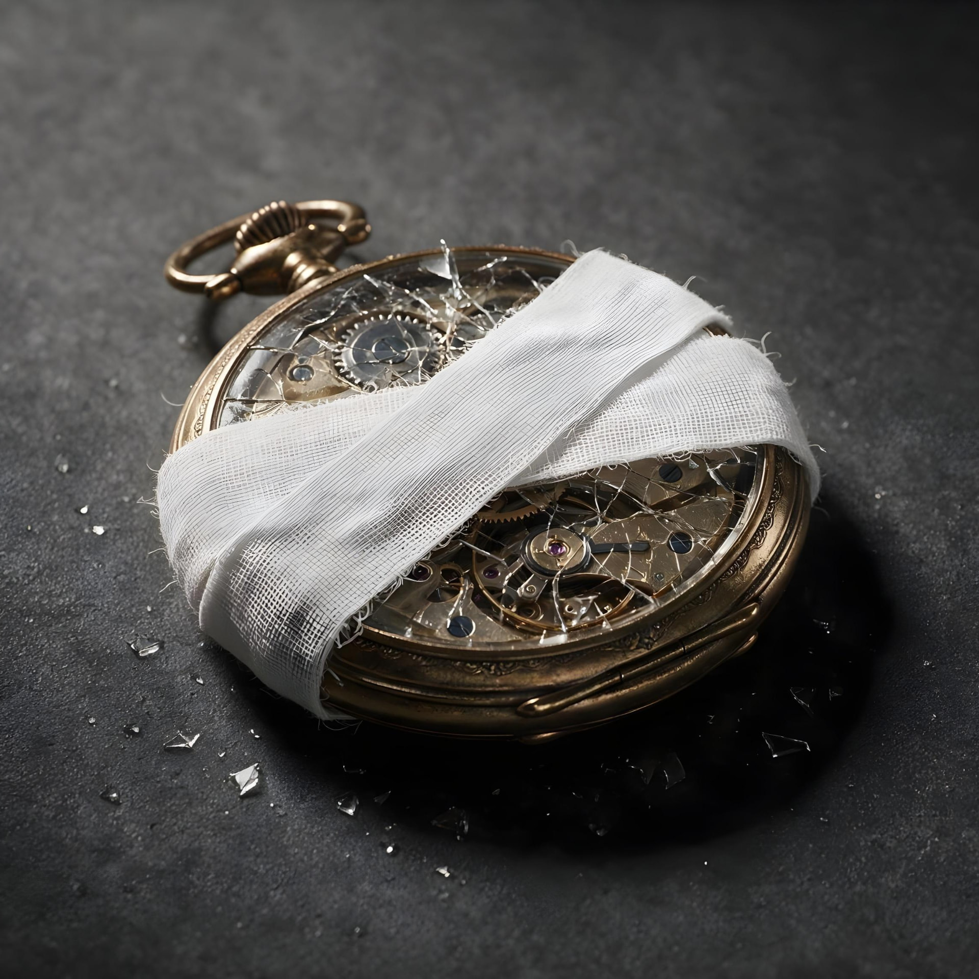 Episode 9 thumbnail: a broken antique gold pocket watch wrapped in white gauze bandage, surrounded by shards of glass.