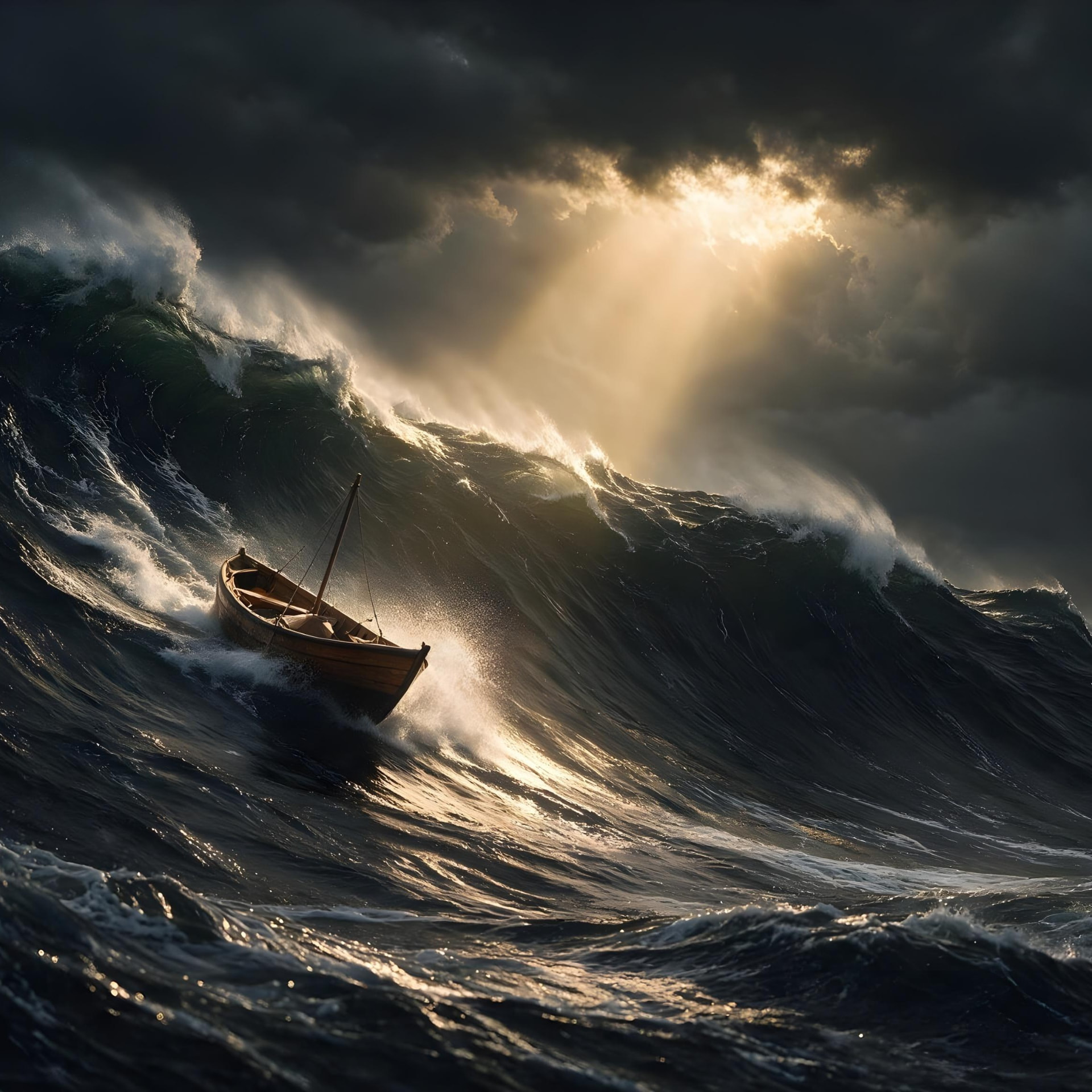 Episode 10 thumbnail: a small wooden boat climbing an enormous ocean wave as sunlight breaks through storm clouds.
