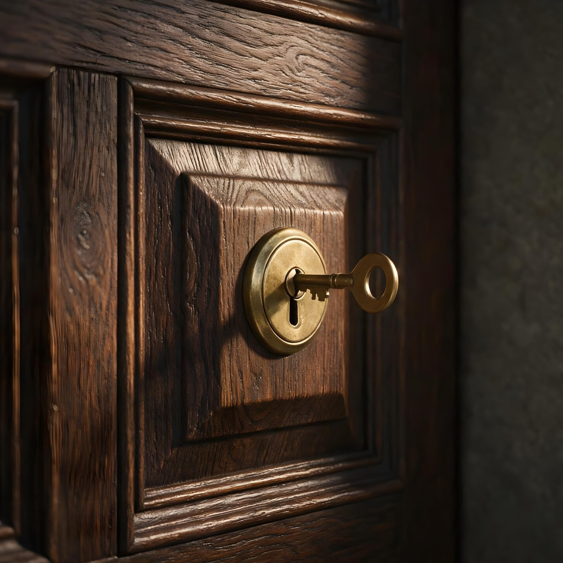 Episode 4 thumbnail: a brass key left in the lock of a heavy dark wooden door, suggesting a false sense of security.