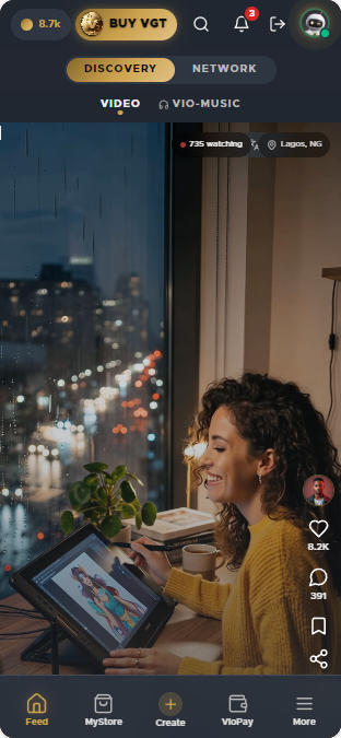 Viogram app interface preview showing the discovery feed