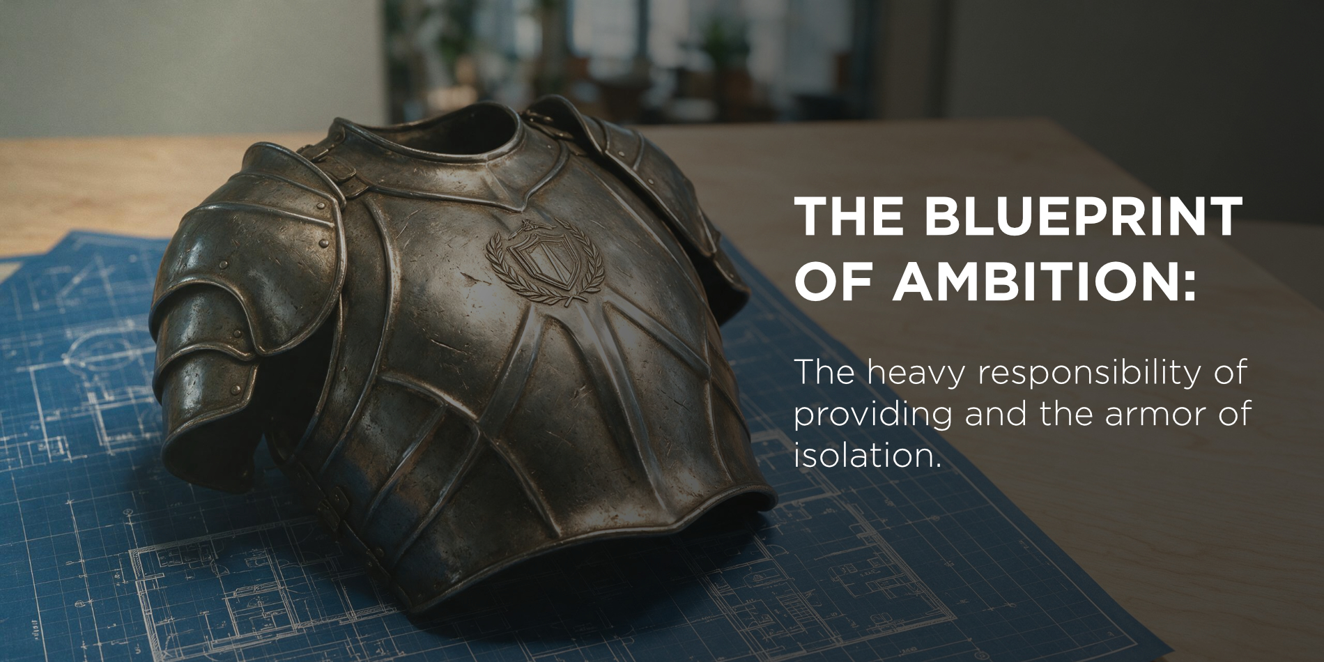 Episode 1 cover art: a close-up of a knight's steel plate armor laid over a blue architectural blueprint, with the title “The Blueprint of Ambition” and the subtitle about the heavy responsibility of providing and the armor of isolation.