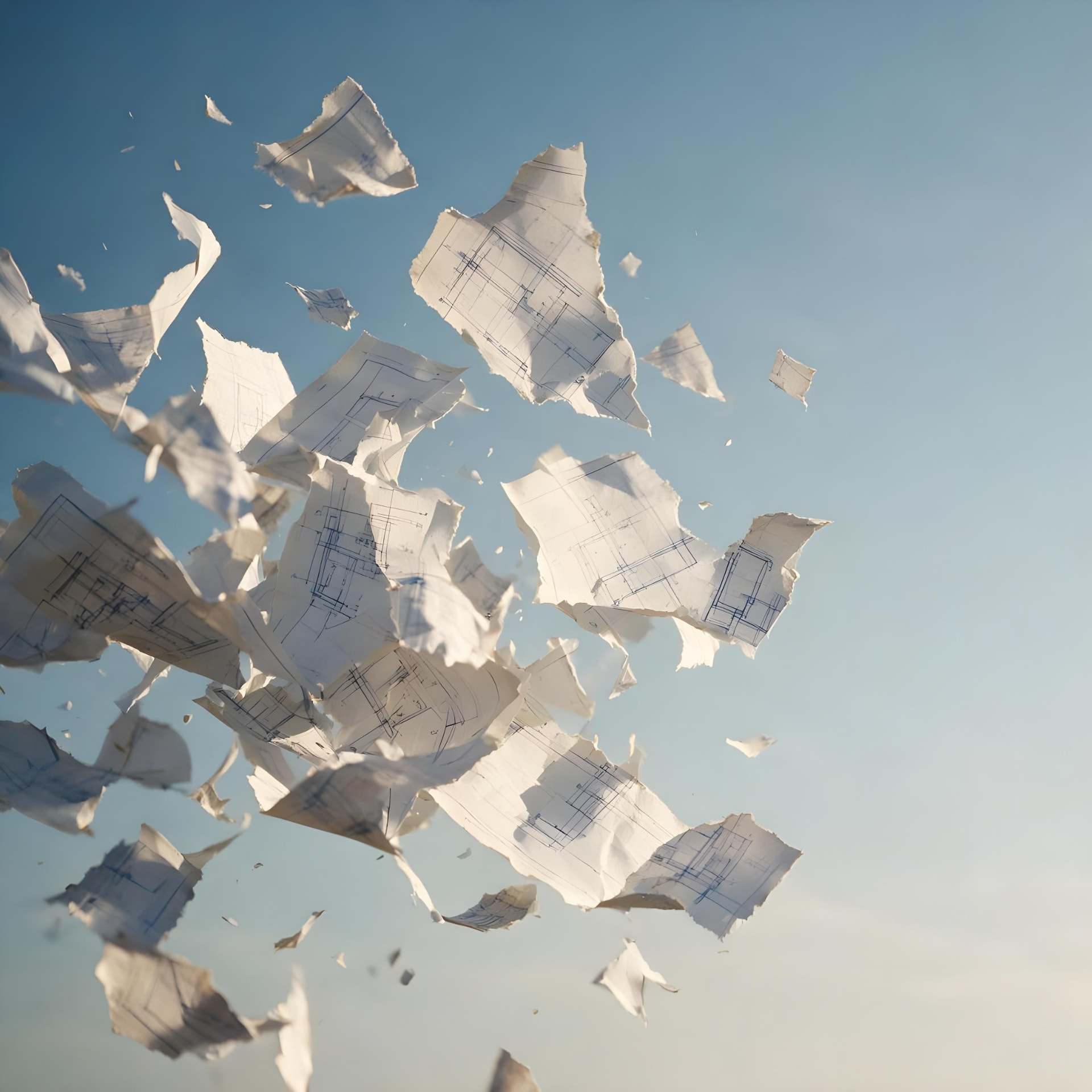 Episode 12 thumbnail: torn fragments of architectural blueprints scattering upward against a clear blue sky.