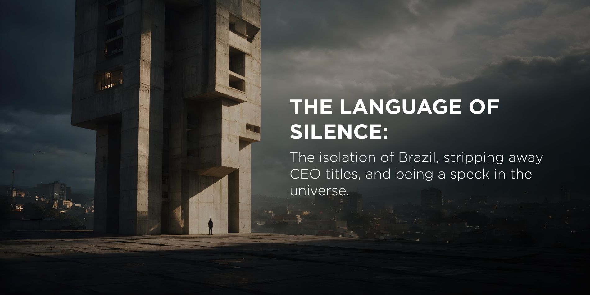 Cover banner for Blank Page Episode 7, “The Language of Silence”: a lone figure beneath a towering brutalist concrete building under stormy skies, with the episode title set across the banner — The Blank Page by Neil G. La-as.