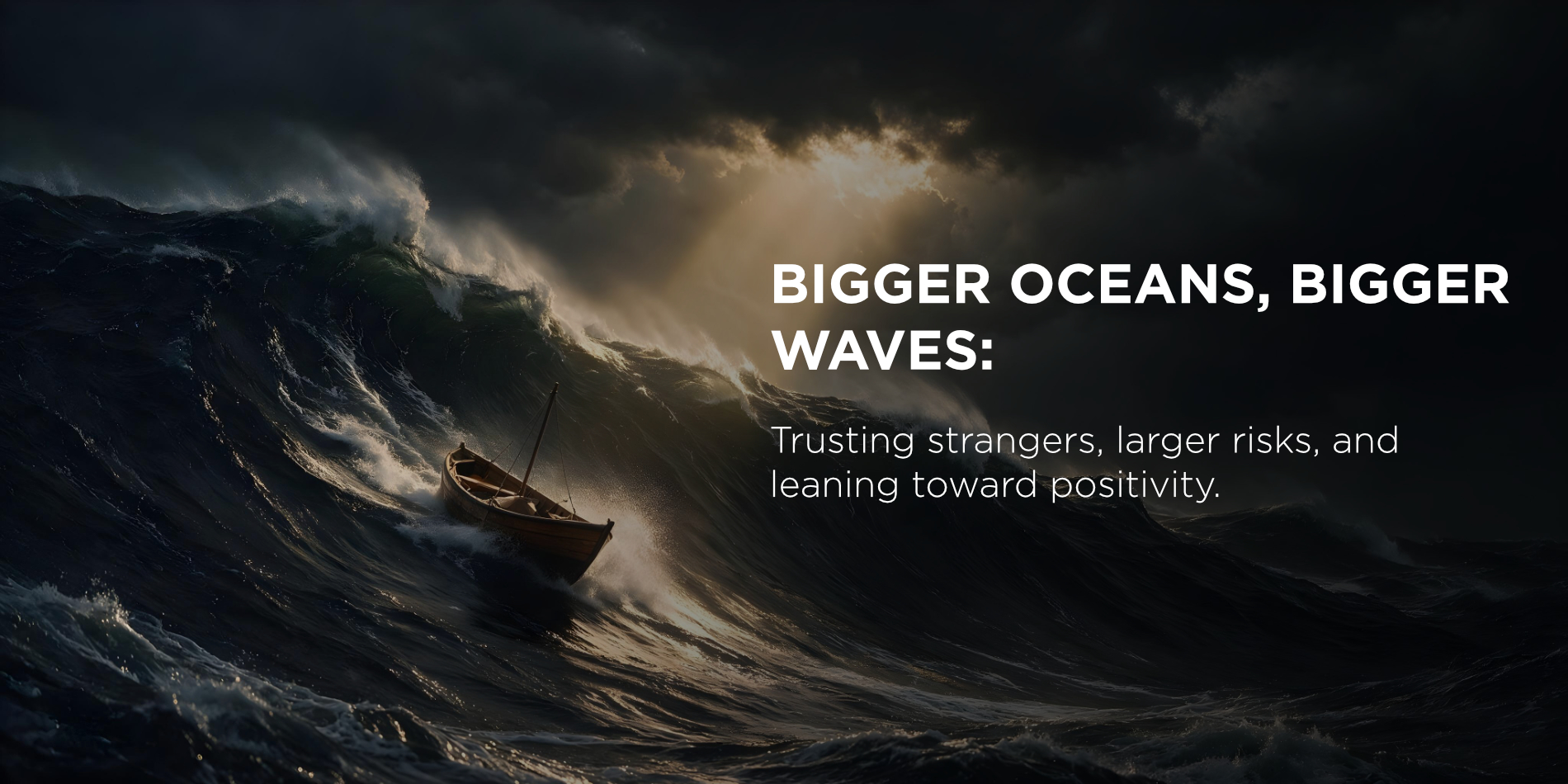 Cover banner for Blank Page Episode 10, “Bigger Oceans, Bigger Waves”: a small wooden boat riding an enormous storm wave under breaking light, with the episode title set across the banner — The Blank Page by Neil G. La-as.
