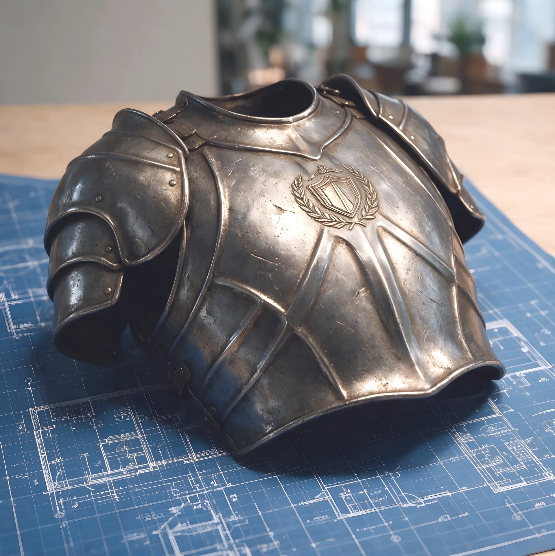 Episode 1 thumbnail: detailed knight's plate armor resting on a blue architectural blueprint, symbolising ambition worn as protective armor.