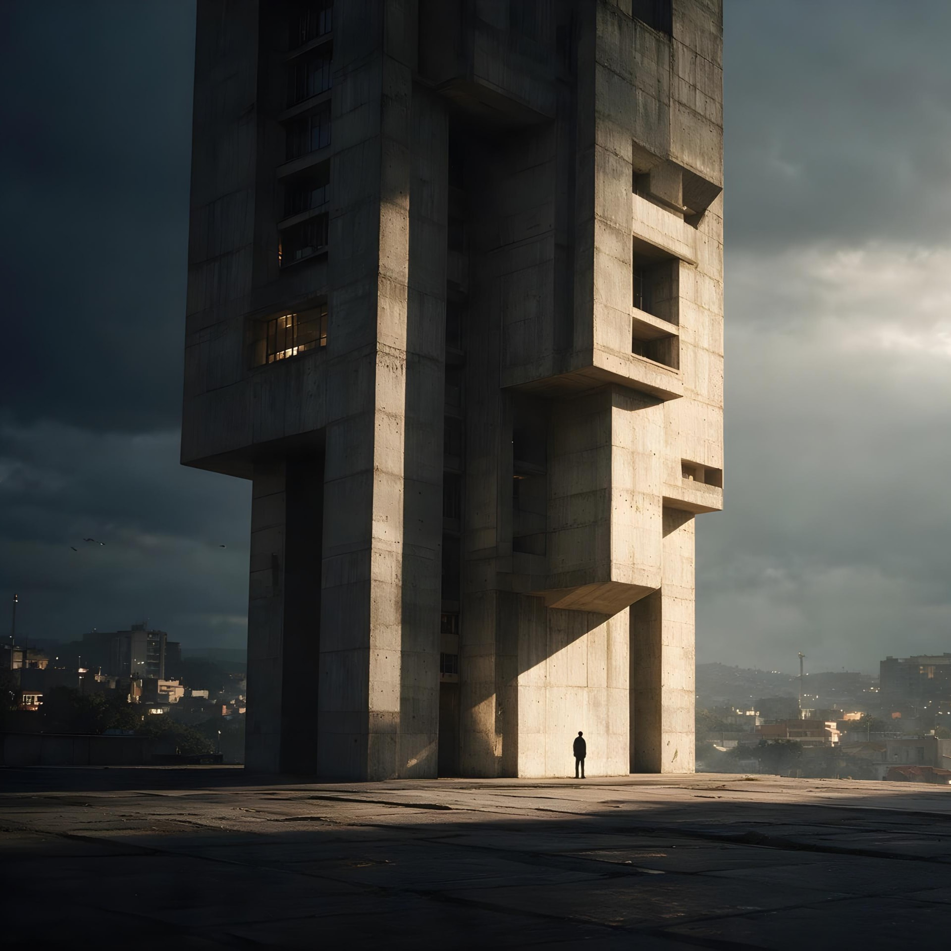 Episode 7 thumbnail: a lone figure standing at the base of a vast brutalist concrete tower under a stormy sky.