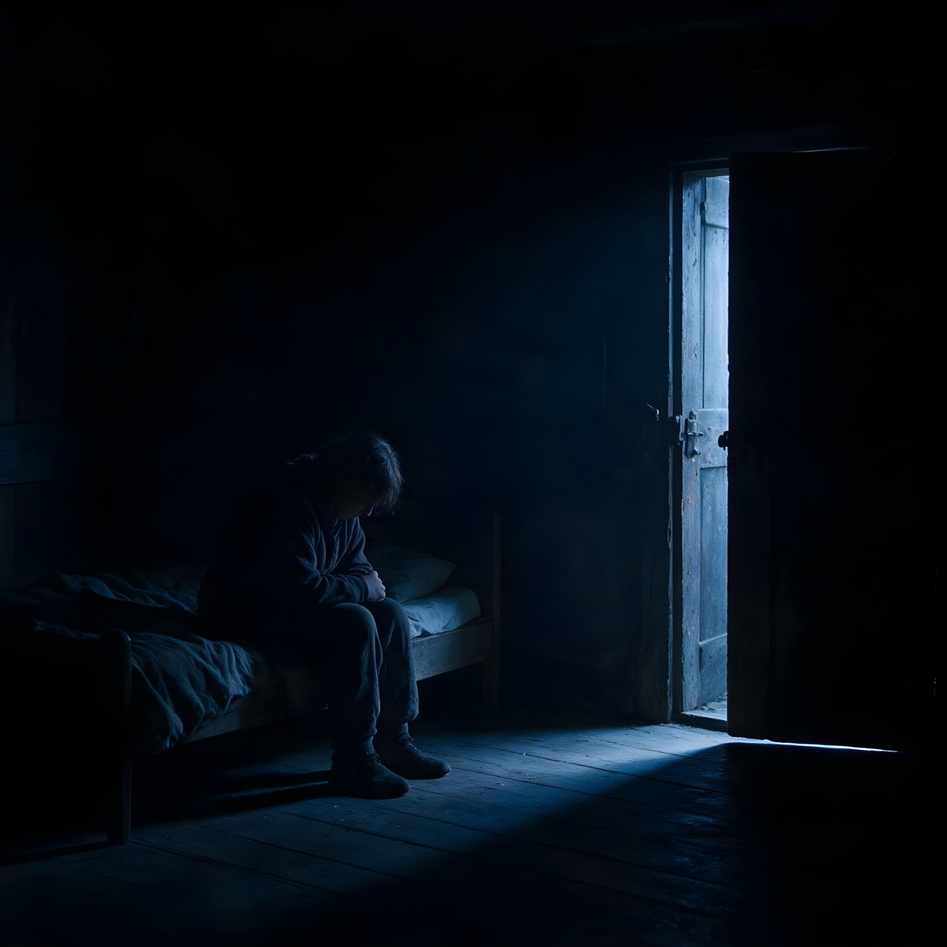Episode 3 thumbnail: a figure sitting alone on a bed in a dark room, lit only by a sliver of cold light from a partly open door.