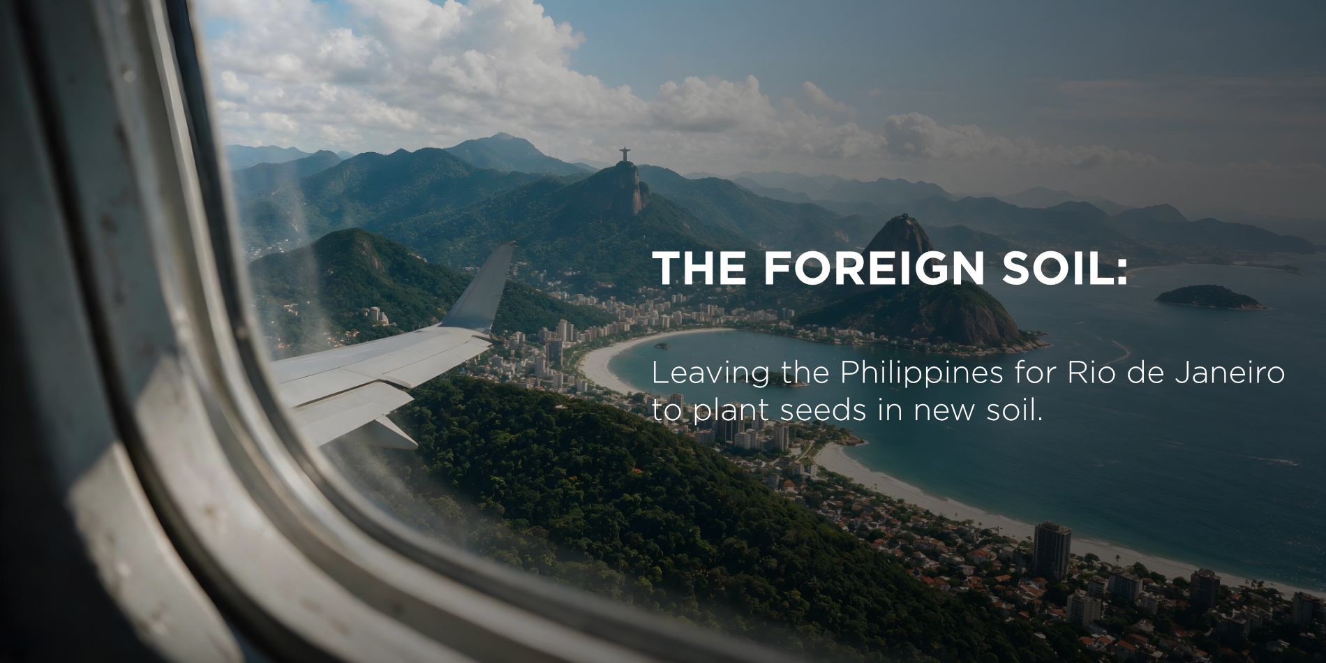 Cover banner for Blank Page Episode 6, “The Foreign Soil”: an aerial view of Rio de Janeiro seen through an aeroplane window, with the episode title set across the banner — The Blank Page by Neil G. La-as.