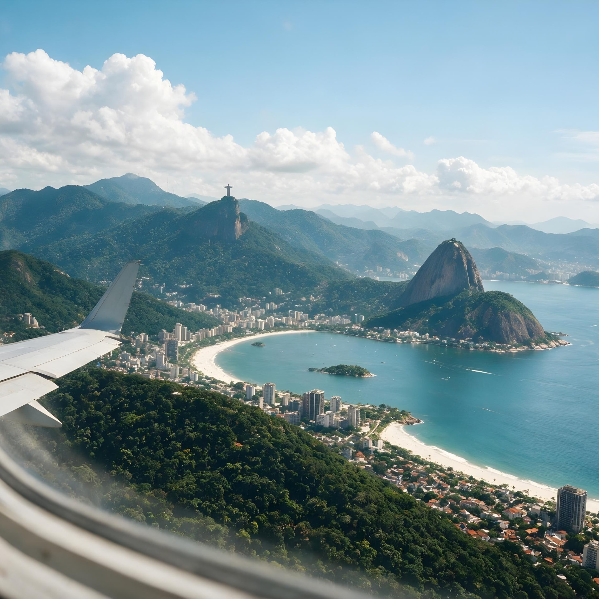 Episode 6 thumbnail: an aerial view of Rio de Janeiro's bay and mountains seen from an aeroplane window, with the wing in frame.
