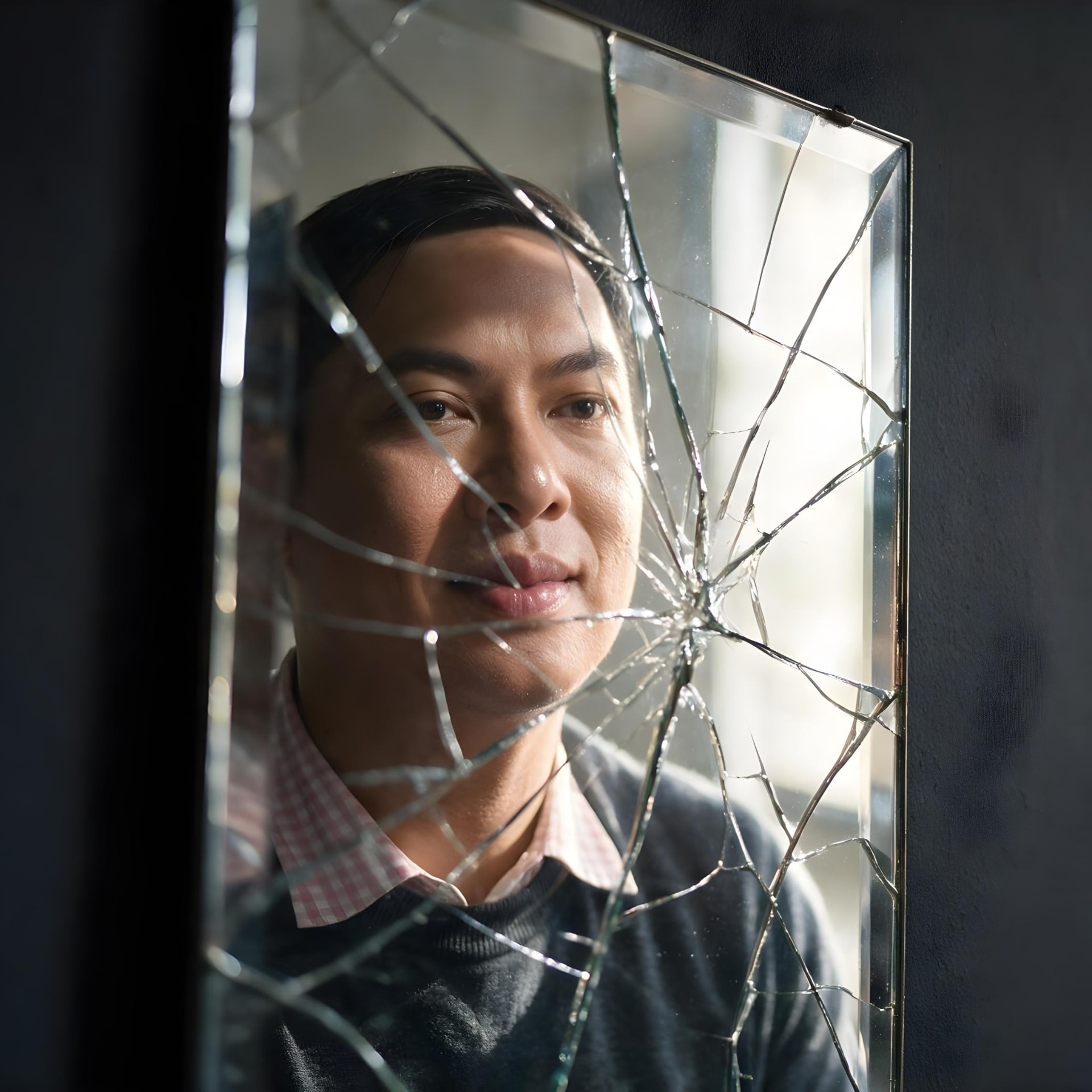 Episode 11 thumbnail: a man's calm reflection seen through a cracked mirror, whole yet fractured.